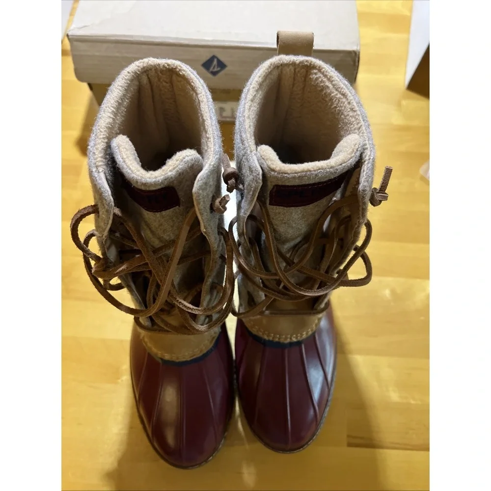 Sperry Saltwater Wool Womens Rain Duck Boots Tan Burgundy Lace Up Fall Winter 8M